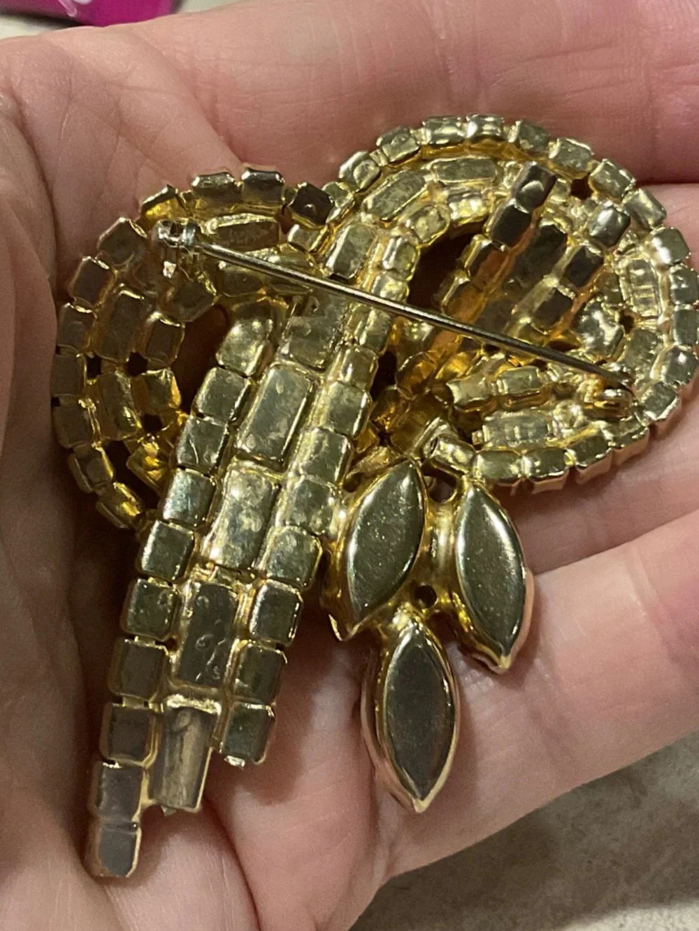 Vintage Ribbon Brooch Red Baguette Rhinestones in goldtone setting 1959-1960’s